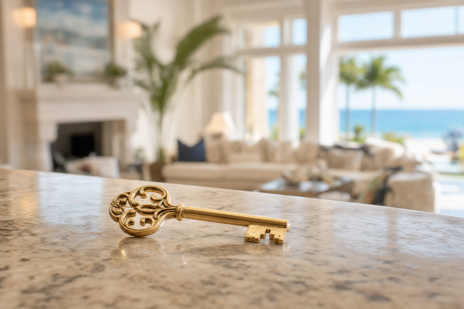 A polished home key resting on marble, soft Palm Beach interior in background